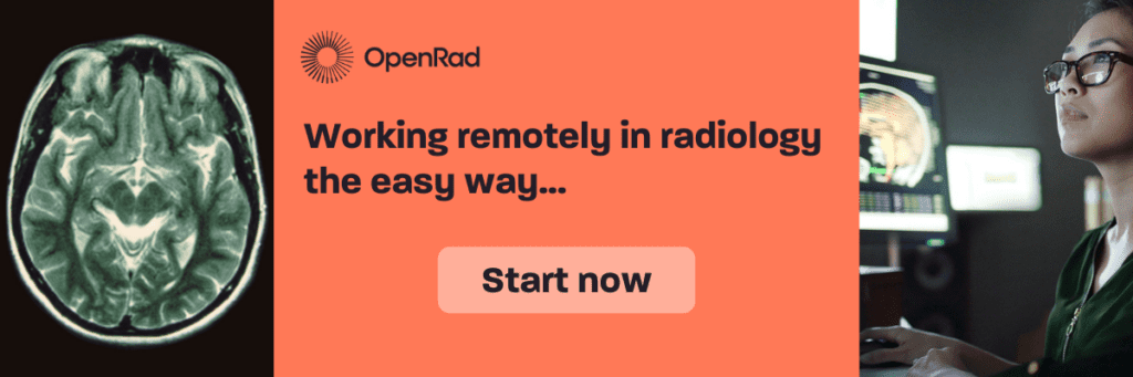 Banner saying OpenRad Working remotely in radiology the easy way | with images of brain scan and female teleradiologist | Stress management